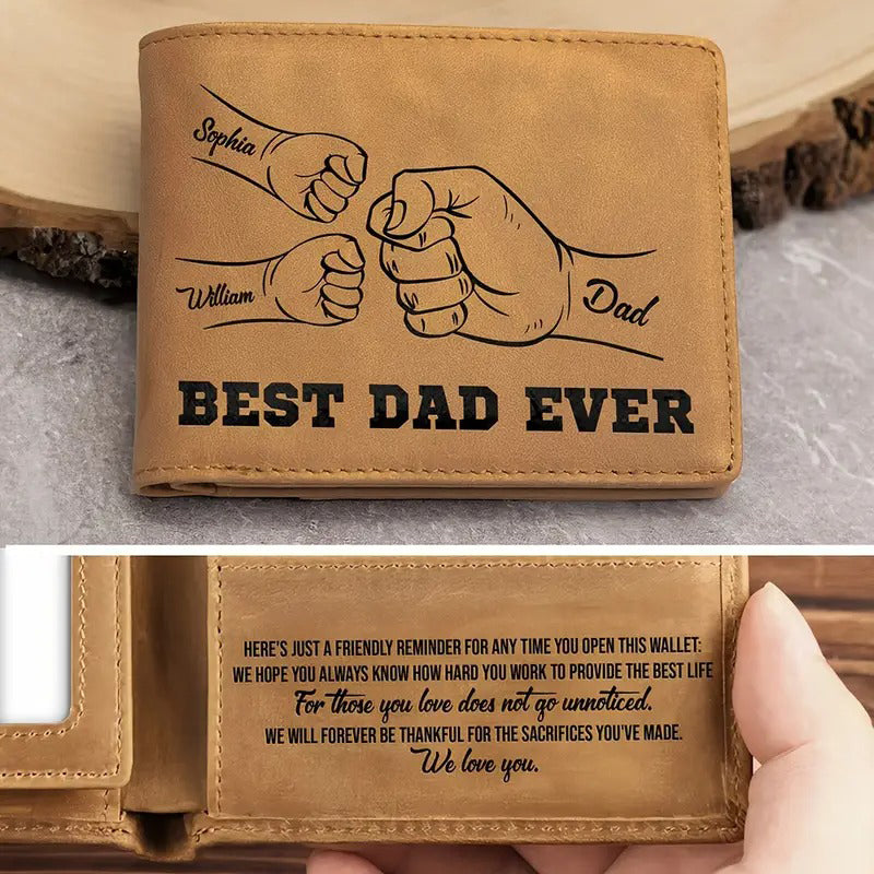Personalized Dad And Kids Hands Engraved Leather Wallet