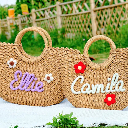 Custom Straw Beach Bag, Bridesmaid Beach Bag Flower Girl Basket
