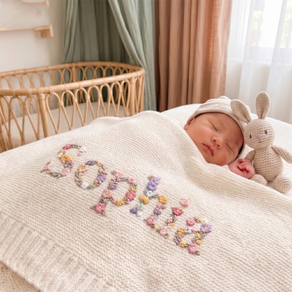 Custom Floral Baby Name Blanket, Newborn Hospital Gift,  Custom Baby Gift