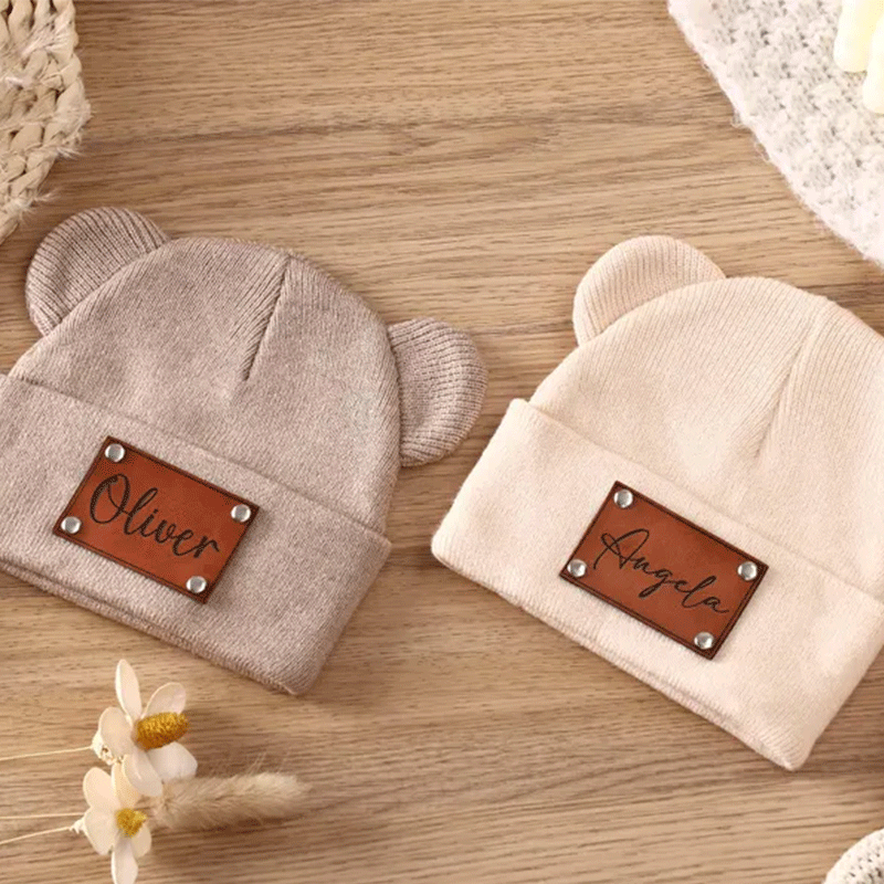 Personalized Baby Beanie with Bear Ears, Custom Beanie with Name Patch