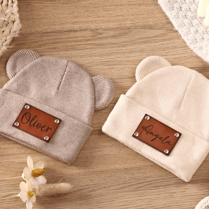 Personalized Baby Beanie with Bear Ears, Custom Beanie with Name Patch