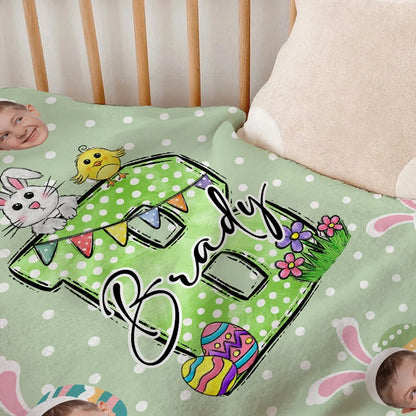 Personalized Easter Colorful Polka Dot Bunny Chick Initial   & Face Photos Blankets