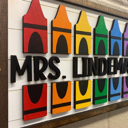 Personalized Teacher Rainbow Crayon Wood Door Sign