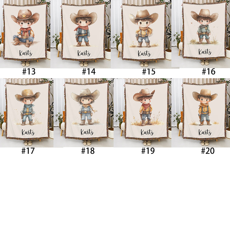 Personalized Cartoon Cowboy Tassel Blanket with Name