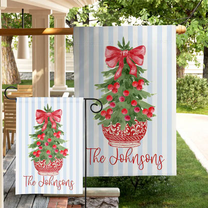 Watercolor Christmas Tree Flag Personalized Garden Flag Holiday Decor Custom Family Name