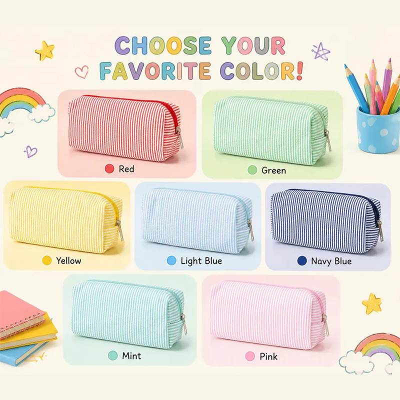 Custom Name Pencil Case for Kids, Personalized Pencil Pouch, Cute Seersucker School Supplies Bag