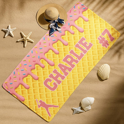 Personalized Ice Cream Drip Baseball Softball Beach Towel For Boys, Girl, Drip Beach Towel