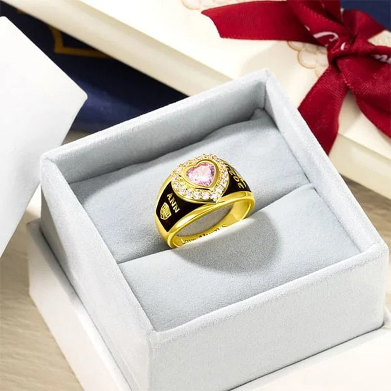 Personalized Heart Zircon Birthstone Class Ring with Engraved Text Symbol Graduation Gift
