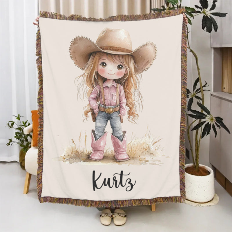 Personalized Cartoon Cowboy Tassel Blanket with Name
