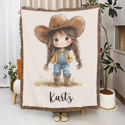 Personalized Cartoon Cowboy Tassel Blanket with Name