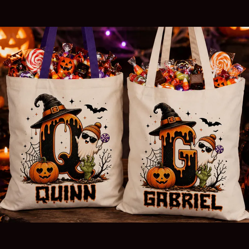 Cute Halloween Ghost bag, Spooky Goodie Bag, Custom Name Halloween Tote Bag