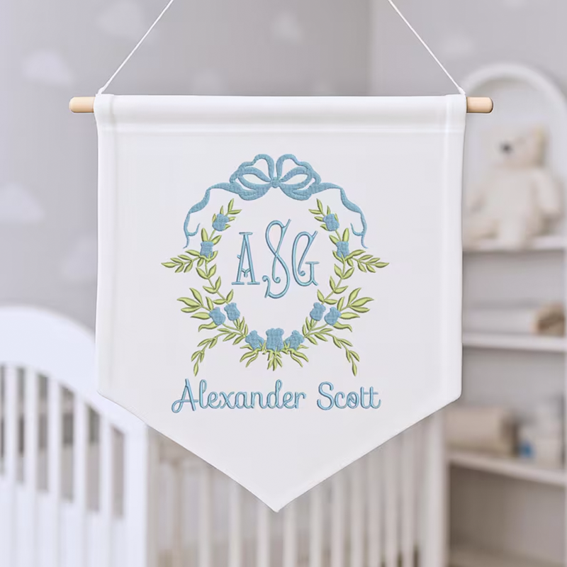 Personalized Baby Banner, Floral Crest Welcome Banner with bows