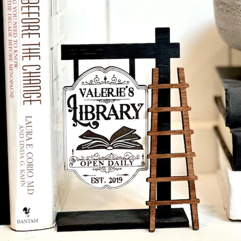 Personalized Library Sign, Mini wooden Signpost with ladder Library Decor