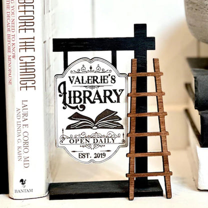 Personalized Library Sign, Mini wooden Signpost with ladder Library Decor