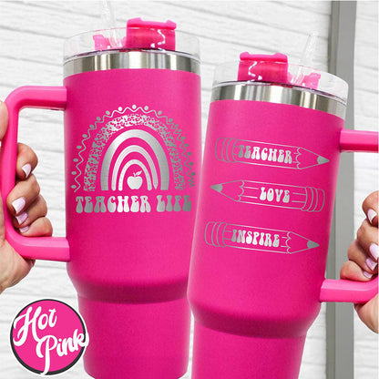 40 oz Rainbow Teacher Tumbler | Customized "Teach Love Inspire" | Insulated Educational Gift