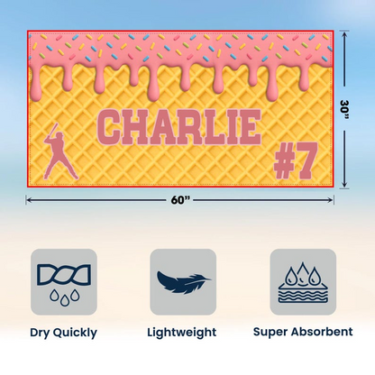 Personalized Ice Cream Drip Baseball Softball Beach Towel For Boys, Girl, Drip Beach Towel
