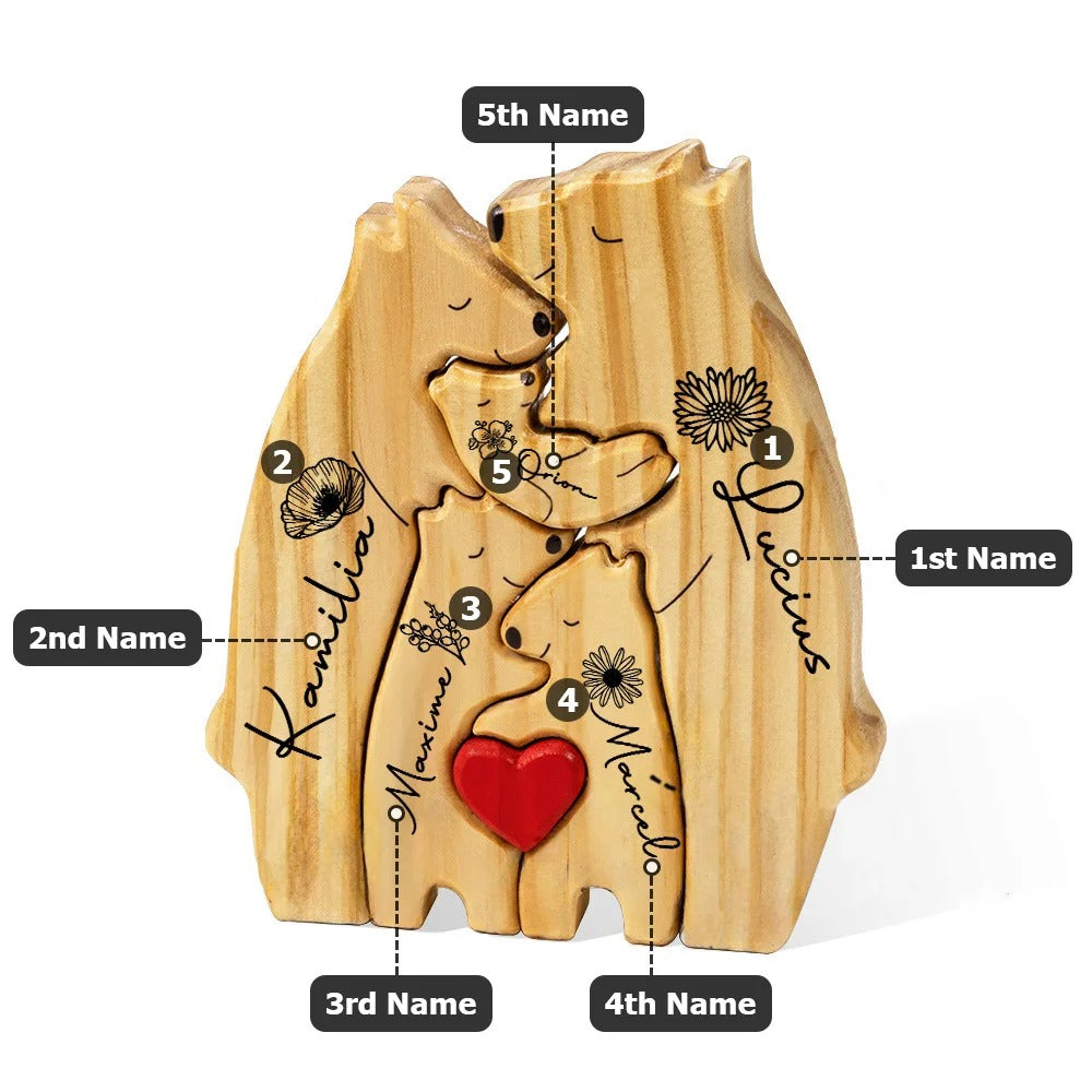 Personalized Red Heart Birth Flower Wooden Hug Bear Family Puzzle
