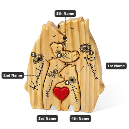 Personalized Red Heart Birth Flower Wooden Hug Bear Family Puzzle