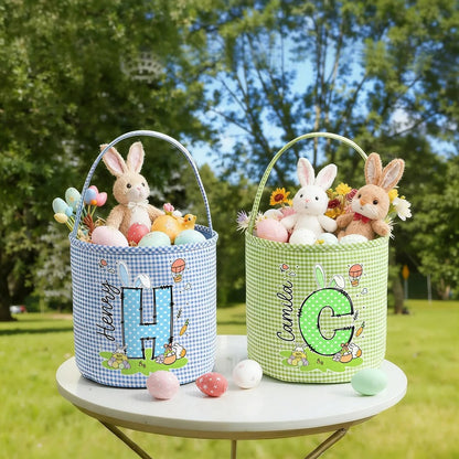 Personalized Cute Bunny Initial Flower Plaid Easter Basket with Name