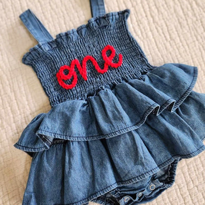 Hand Embroidered Denim Romper, Personalized Birthday Outfit with Name