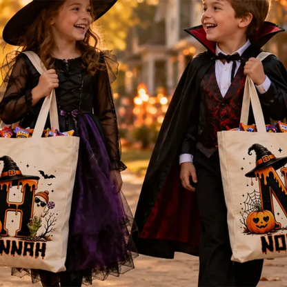 Cute Halloween Ghost bag, Spooky Goodie Bag, Custom Name Halloween Tote Bag