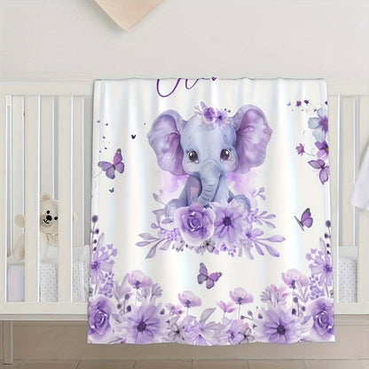 Personalized Purple Elephant Flannel Blanket with Custom Name