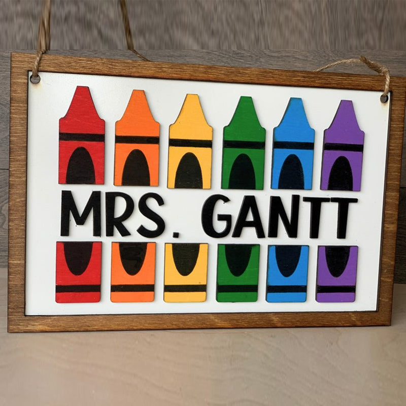Personalized Teacher Rainbow Crayon Wood Door Sign
