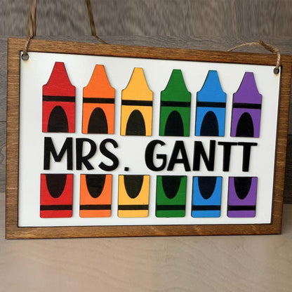Personalized Teacher Rainbow Crayon Wood Door Sign