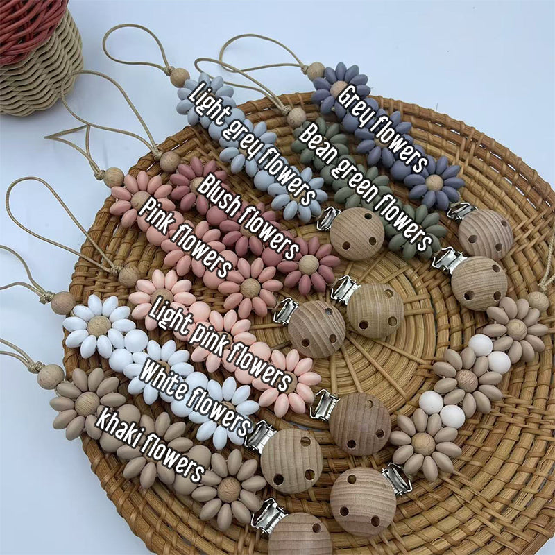 Personalized Flower Beaded Pacifier Clip Wooden Engraving