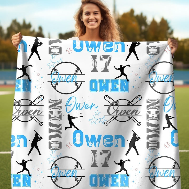 Baseball Boy Personalized Blanket, Custom Name Collage with Baseball Pattern Throw