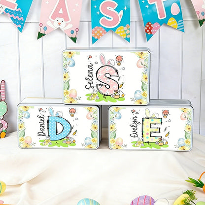 Personalized Floral Bunny Initial Easter Egg Biscuit Tin Box