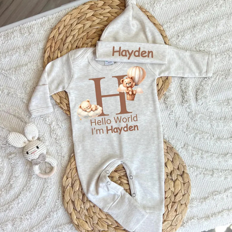 Personalized baby coming home outfit, romper hat set,