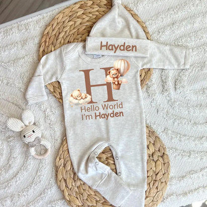 Personalized baby coming home outfit, romper hat set,