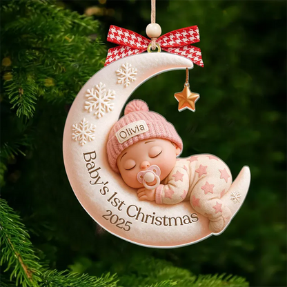 Custom Baby First Christmas Ornament, Moon Sleeping Design