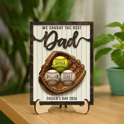 Personalized Baseball Dad Plaque: Custom Kids Names Wooden Sign