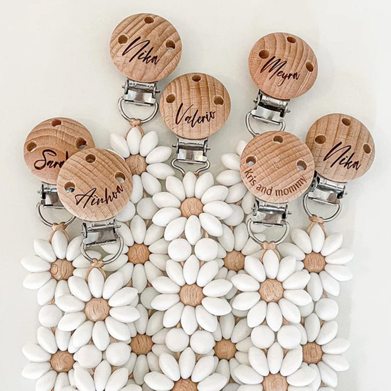 Personalized Flower Beaded Pacifier Clip Wooden Engraving