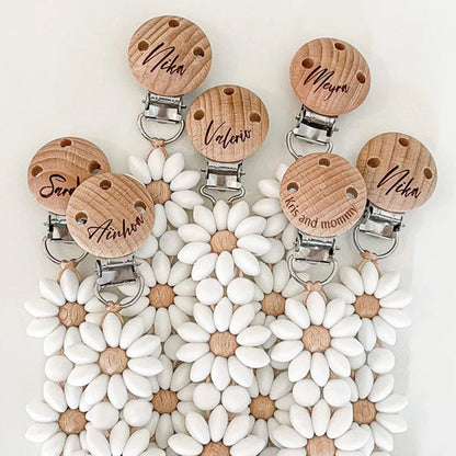 Personalized Flower Beaded Pacifier Clip Wooden Engraving