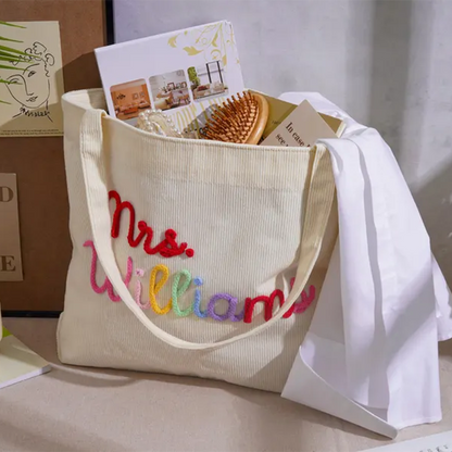 Personalized Corduroy Teacher Tote Bag,Hand Crochet Name Zipper bag