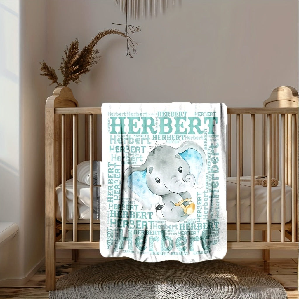 Adorable Smiling Little Elephant Green Full Screen Text Cute Cartoon Creative Name Blanket