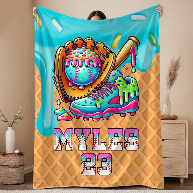 Custom Baseball Drip Blanket, Personalized Ice Cream Drip Baseball Blanket