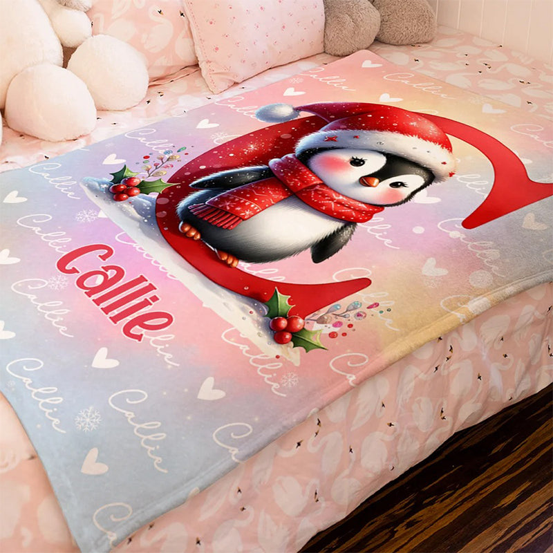 Personalized Santa Hat Snowman Penguin Initial Word Cloud Blanket