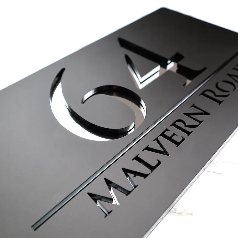 Laser Cut Matt Black & Gold Mirror Floating House Sign Door Address Laser Number Plaques