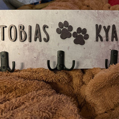 Personalized Dog Wood Leash Holder for 2/ 3 Dogs Raised Paw Name Sign