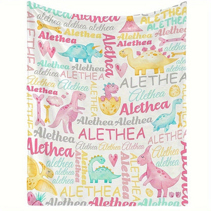 Custom Name Cartoon Dinosaur Flannel Blanket