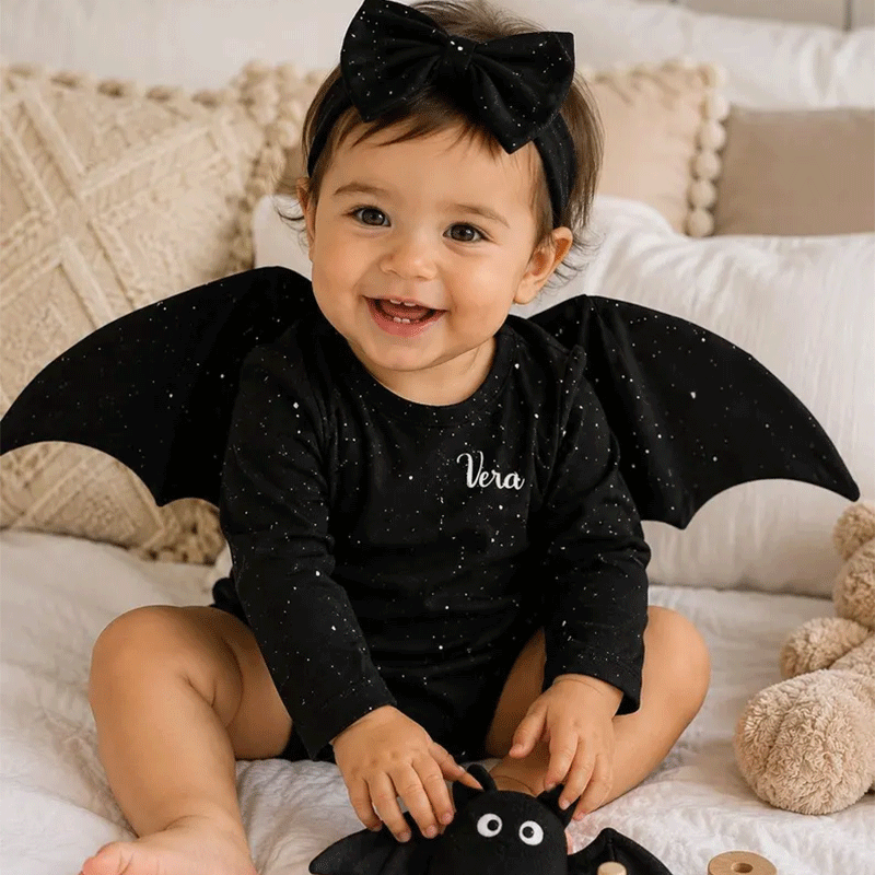 Glitter Batwing Romper: Custom Baby Girl Halloween Costume with Headband