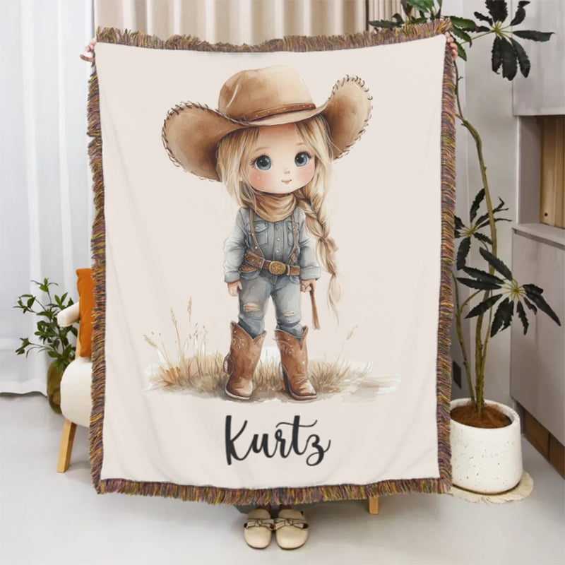 Personalized Cartoon Cowboy Tassel Blanket with Name