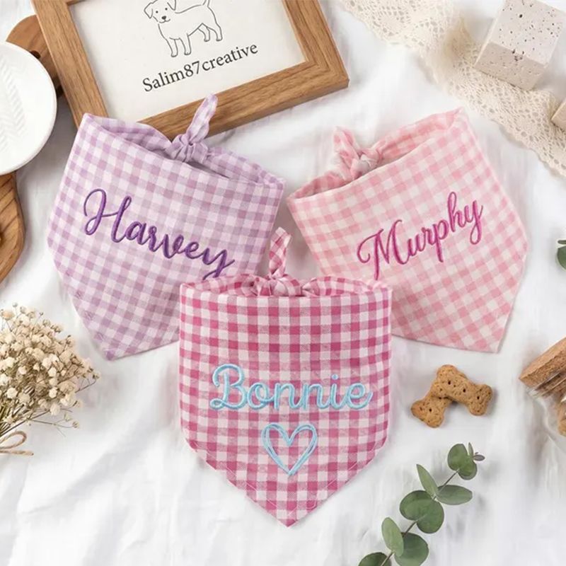 Custom Embroidered Gingham Dog Bandana