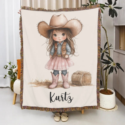 Personalized Cartoon Cowboy Tassel Blanket with Name