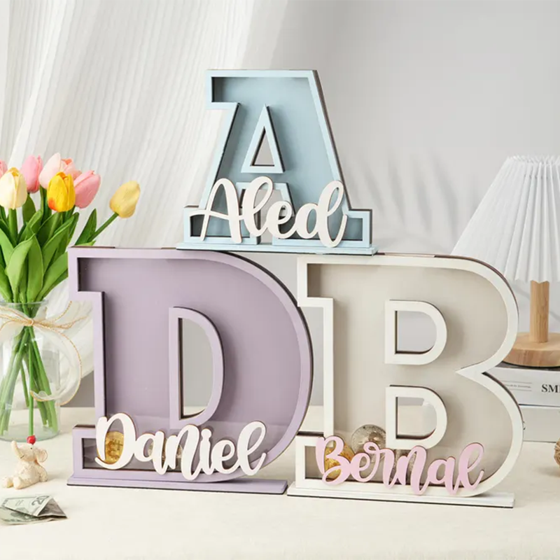 Personalized Letter Piggy Bank: Wooden Initial Coin Bank