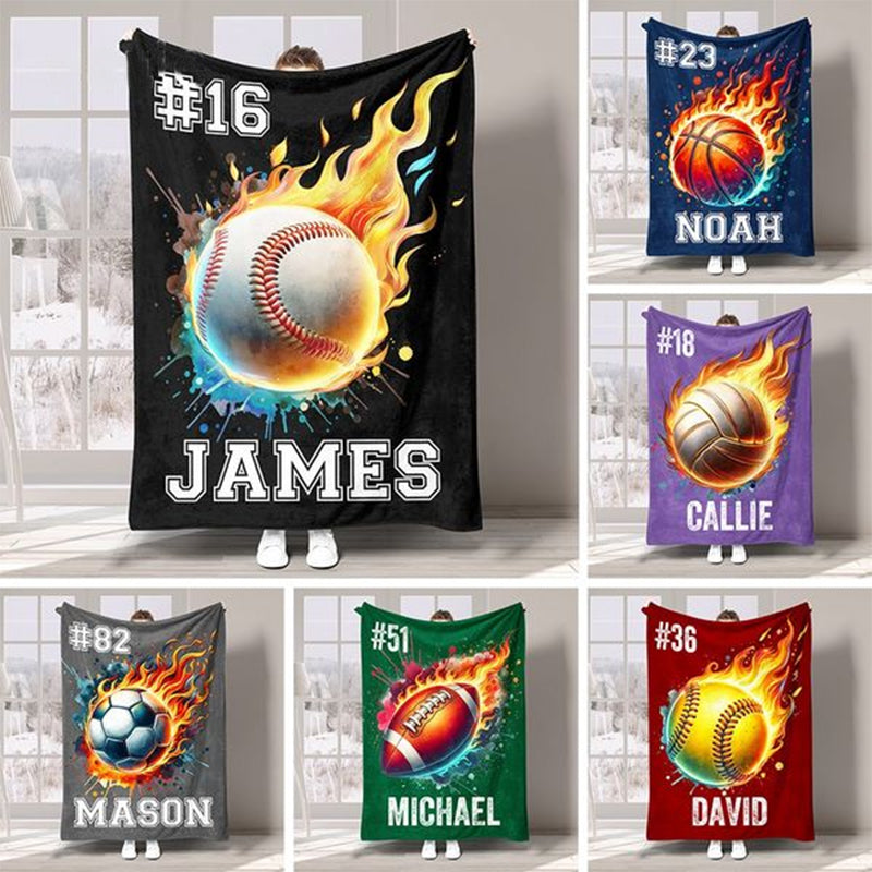 Personalized Flaming Basketball Football Sports Ball Design Blanket